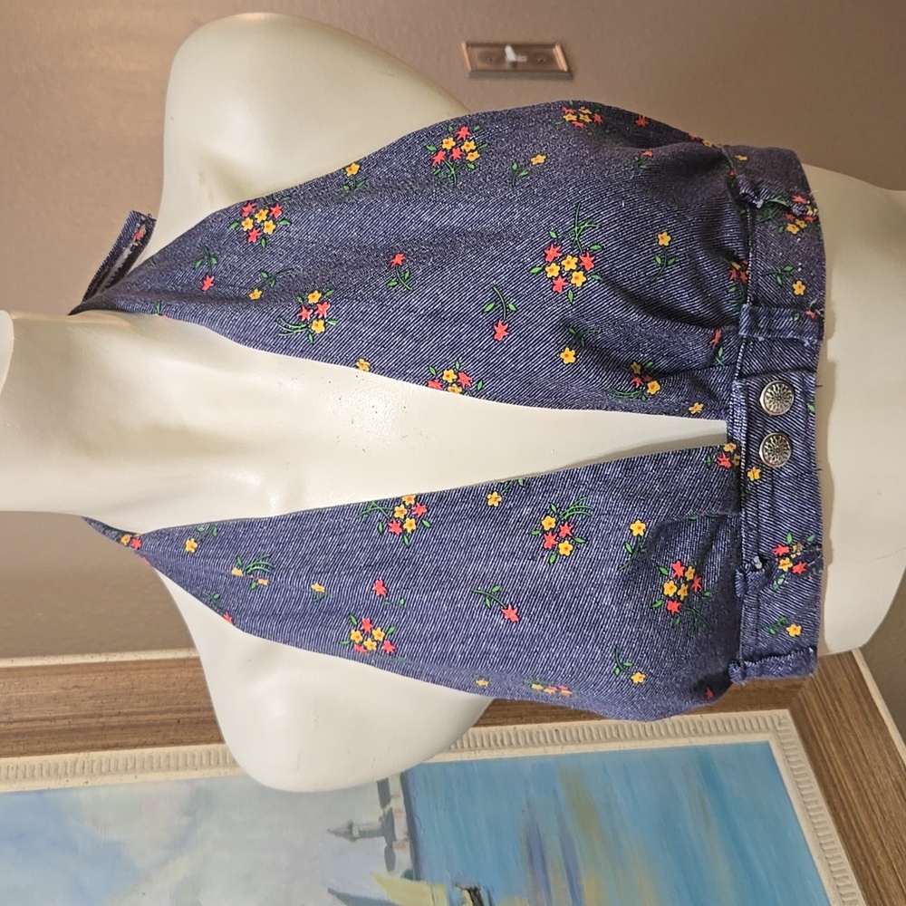 Denim floral Small Two Snap Tie Halter Vintag 70's Top